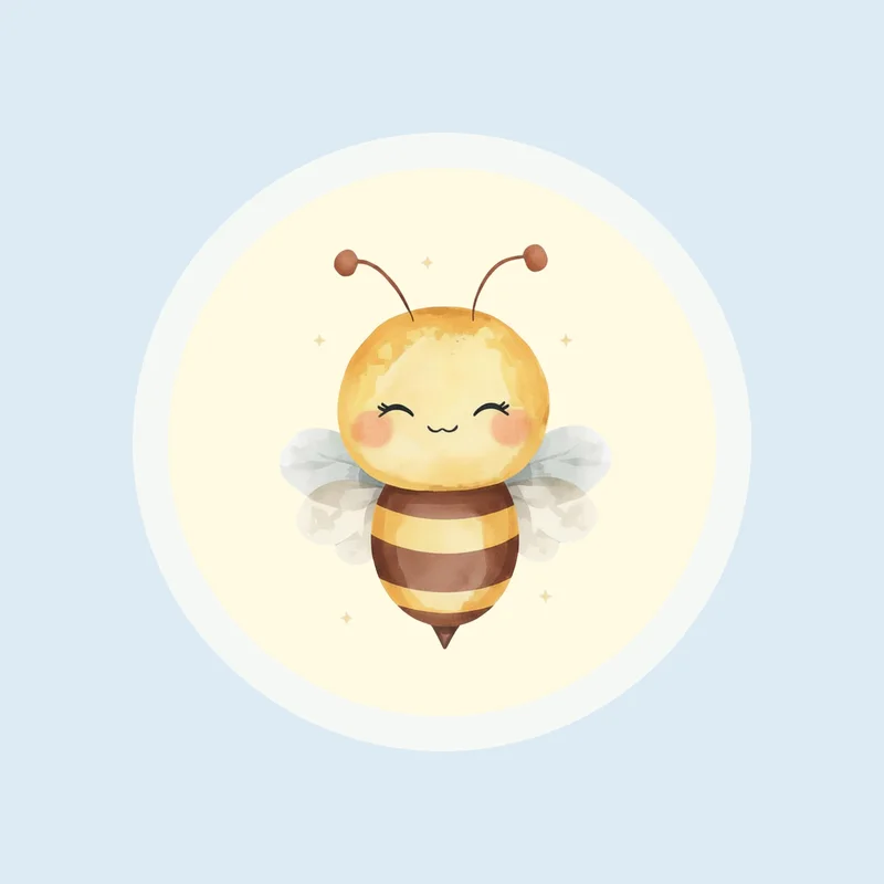 Smiling watercolour bee beside a blue watercolour balloon on a layette-blue background