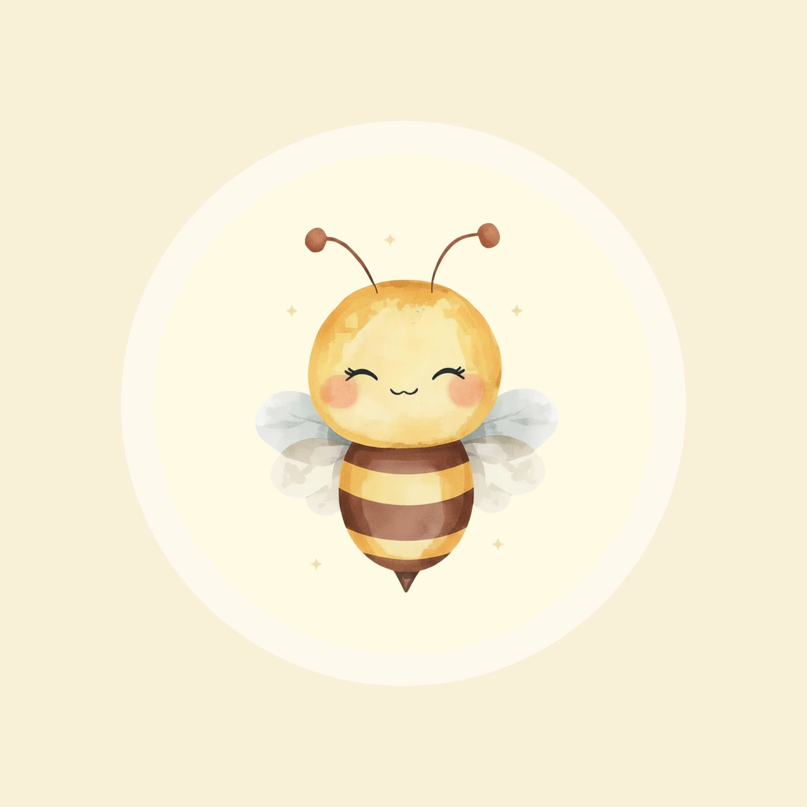 Smiling watercolour bee holding a honey jar with a “Miel” label and a hand-lettered first name