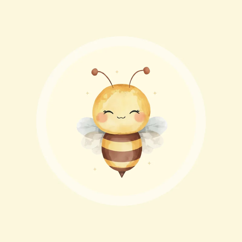 Bébé abeille aquarellé tout rond aux ailes bleu pâle à pois, sur fond crème